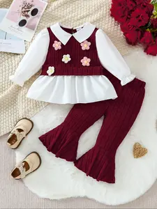 Elegant Girls' Shirt Vest Set, Sleeveless Knitted Floral Embroidery Pantsuit, Perfect for Special Occasions & Daily Wear, Baby Girl Clothes