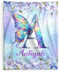 Eyesoul Custom Butterfly TEyesoul hrow Blanket, Monogram Blanket for Girls, Butterfly Gift, 50 x 40 Inches Soft Initial Letter Flannel Throws for Sofa Office, Travel, Sofa
