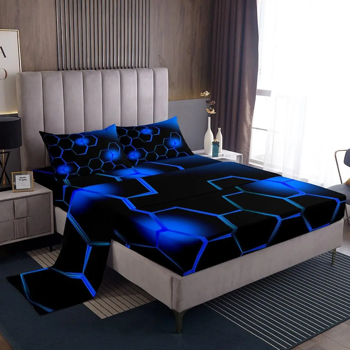 Feelyou Blue and Black Microfiber Bedsheet Sets - Honeycomb Geometrical Pattern Bedding, Soft Breathable Sheets with Deep Pocket Secure Fitted Sheet, Decor for Boys, Secure Fitted Sheets