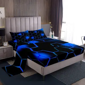 Feelyou Blue and Black Bedsheet Sets - Honeycomb Pattern Microfiber Material Soft Breathable Sheet Set with Deep Pocket Fitted Sheet, Geometrical Decor for Boys