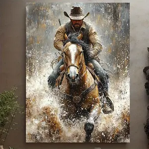 1 piece of western cowboy horseback riding canvas art, framed, with a glittery dusty wild horse rider, action scene, wooden frame, hook installation, 3G5191G1401, western home decor