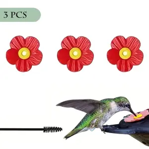 3pcs Colorful Hummingbird Feeder Flowers with Brush, 3.5mm compatible feeding rod, vibrant plastic flower design, attracts natural beauty, hummingbird feeding accessories, durable plastic flowers, hummingbird feeder