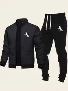 Men's Regular Fit Horse Print Zip Up Jacket & Drawstring Waist Sweatpants Two-piece Set, Casual Fashion Cozy Two Piece Outfits for Daily Outdoor Wear, Men Clothes for All Seasons, Men's 2 Piece Set, Airport Outfits 2025