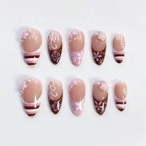 Cute Kawaii Nails/Pink Brown Striped French nails/Flower Nails/Holiday nails/Pink Press on nails Long almond nails/Y2k Nails/Holiday Nails