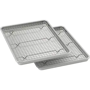 Baking Sheet with Rack Set (2 Pans + 2 Racks), Natural Aluminum Commercial Quality Cookie Sheet with Cooling Rack, Nonstick Baking Pan, Warp Resistant & Heavy Duty, Half Sheet Size