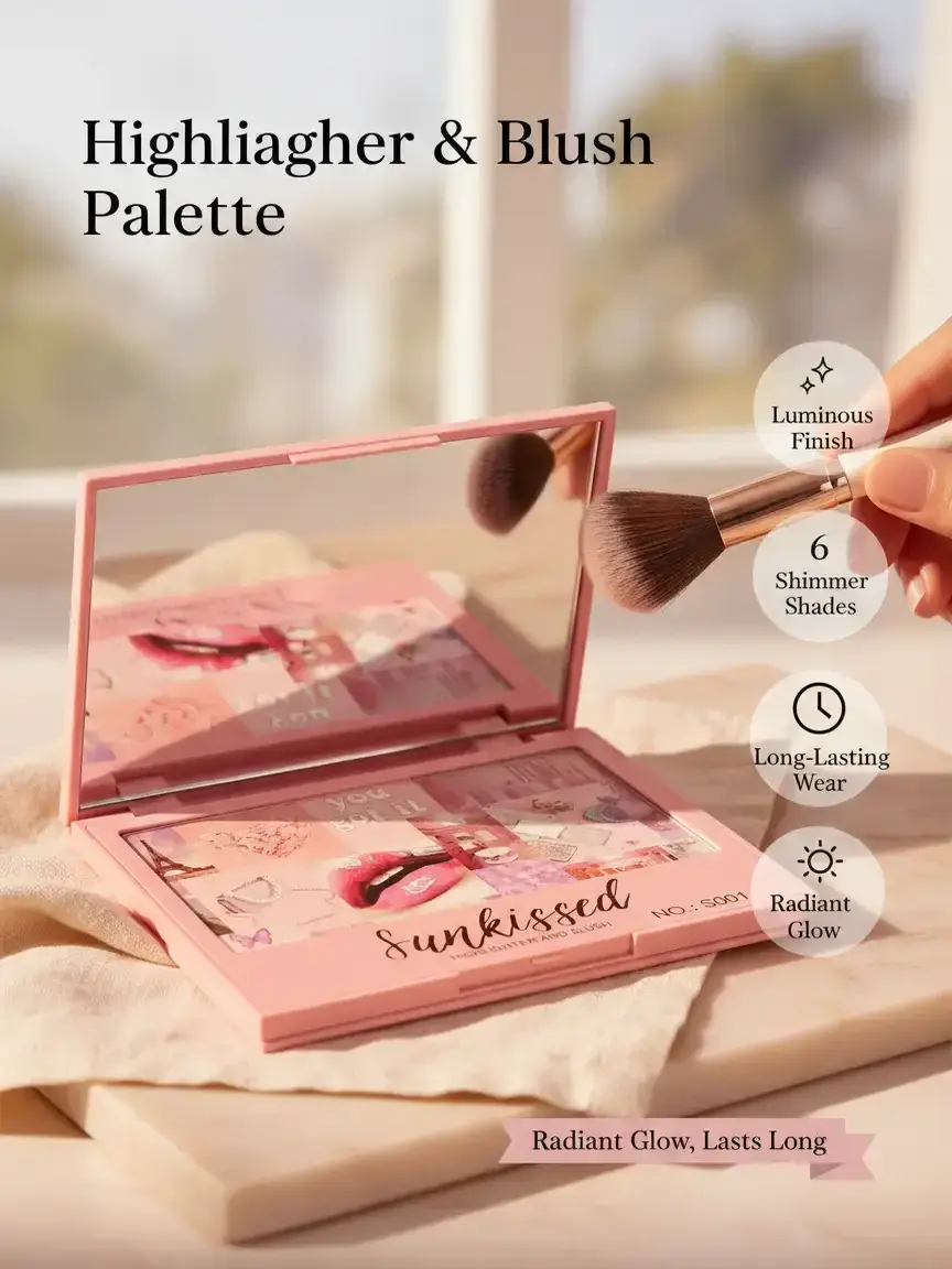 Simply Bella Sunkissed Highlighter & Blush Palette - Luminous Powder Makeup with 6 Blendable Shimmer Shades, Long-Lasting Cosmetic for Radiant Glow, Ideal for Light to Medium Skin Tones Facial