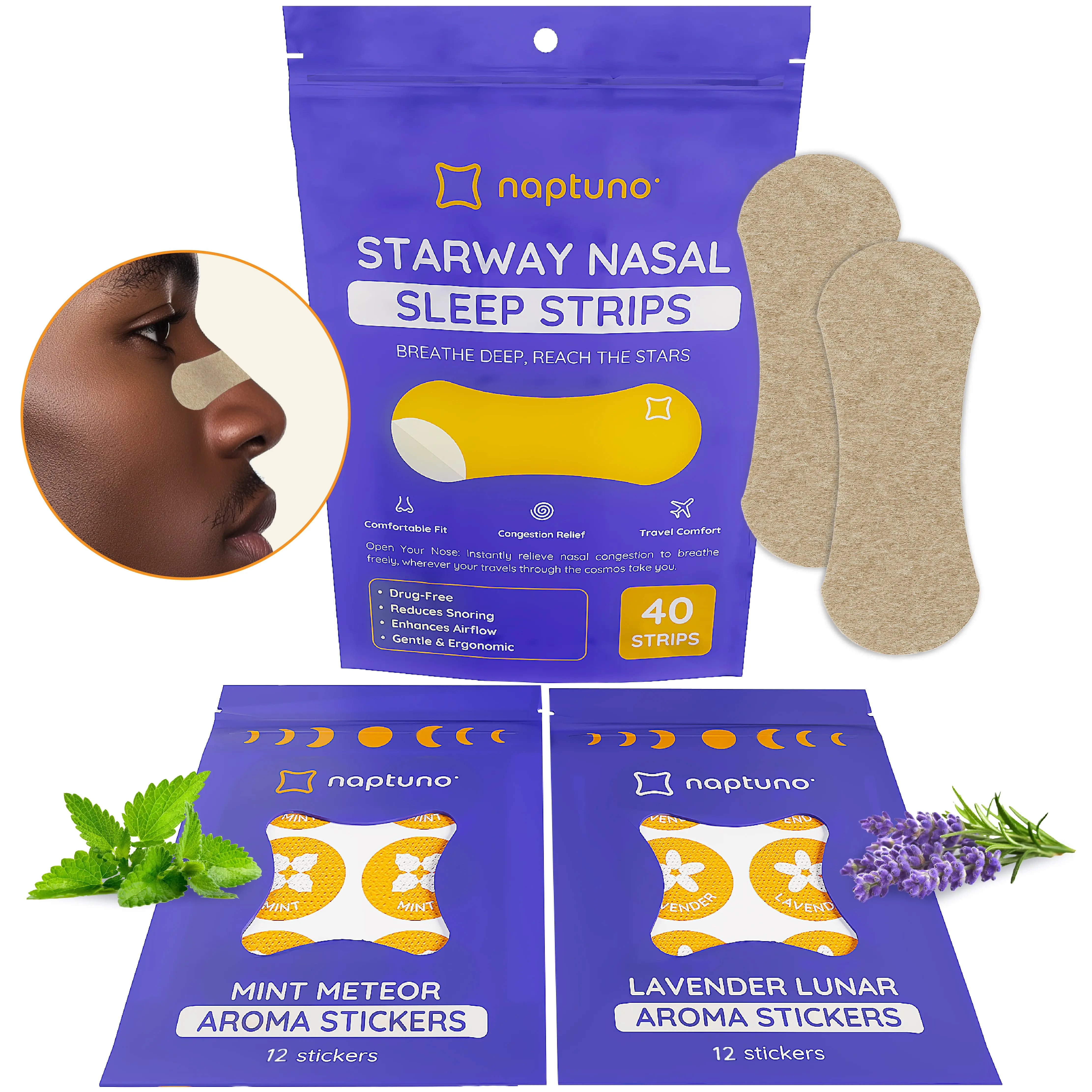 Naptuno Starway Lightweight Nasal Sleep Strips (40) with Lavender Mint Aromatherapy Stickers (12) for Travel & Wellness Support
