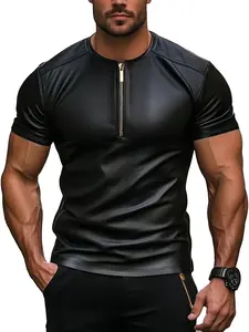 Men's Half-Zip Short Sleeve T-Shirt, American Motorcycle Biker Style, Slim Fit, Metal Zipper, Casual Streetwear, Menswear, Light Trendy