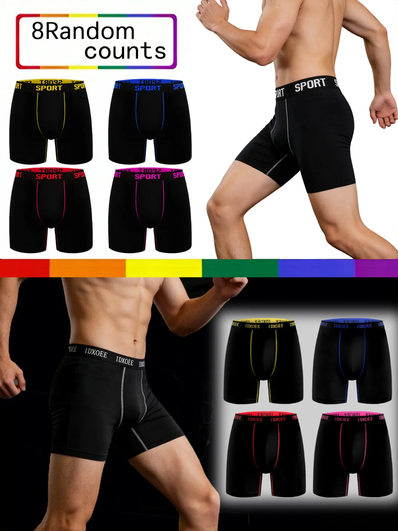 8 pcs random men's slim fit shaping underwear - breathable, quick drying, elastic waistband, long boxer underwear for exercise, casual, Athletic wear, Sportswear - soft, lightweight, Suitable for all seasons, Men's flat cornered underwear
