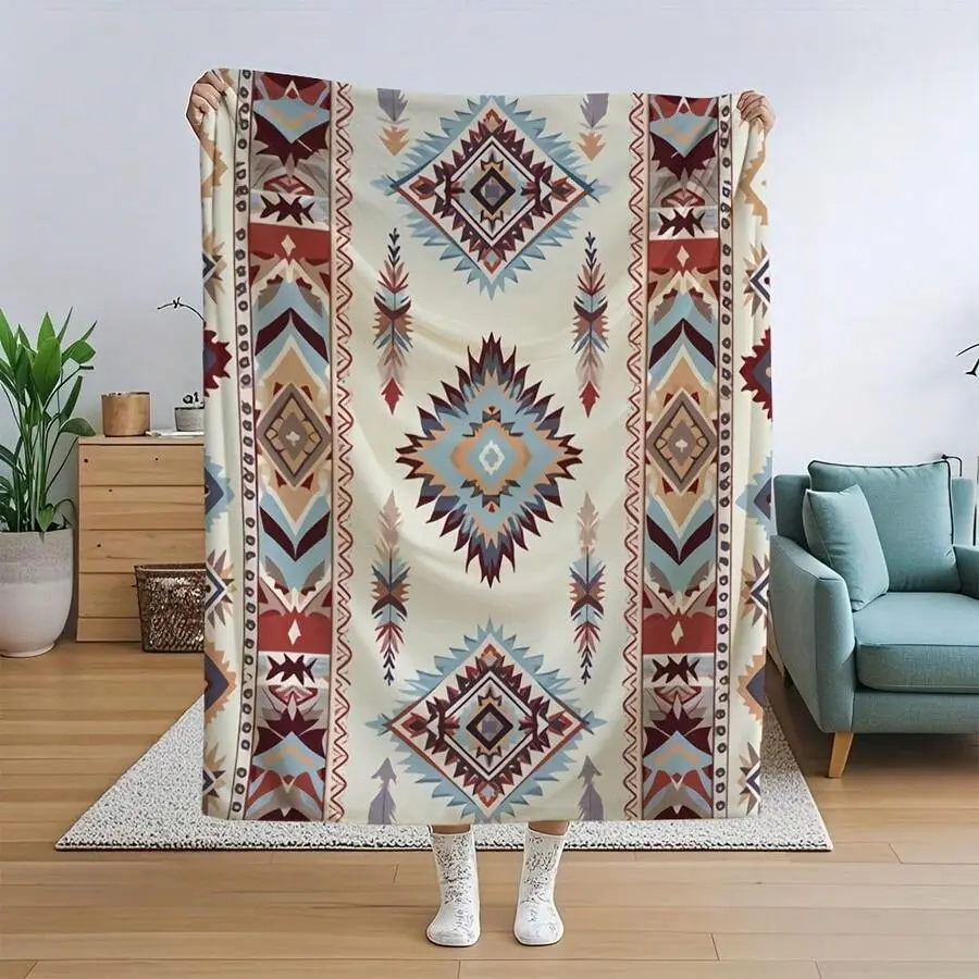 Bohemian-style flannel blanket, featuring an L-shaped Western design, mixed colors, and a vintage geometric print pattern.Suitable as a birthday gift, home decoration, wedding gift, or commemorative blanket, and suitable for use in all seasons celebration