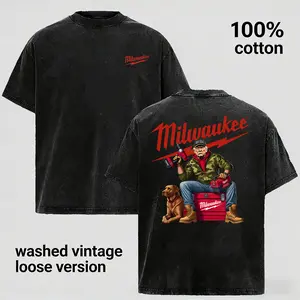 Vintage Washed 100% Cotton Construction Worker Graphic T-Shirt for Men Women, Funny Tool Box Drill Print Tee, Industrial Workwear Style Unisex Shirt, Oversized Loose Fit Crewneck, Casual Streetwear Tough Guy Top