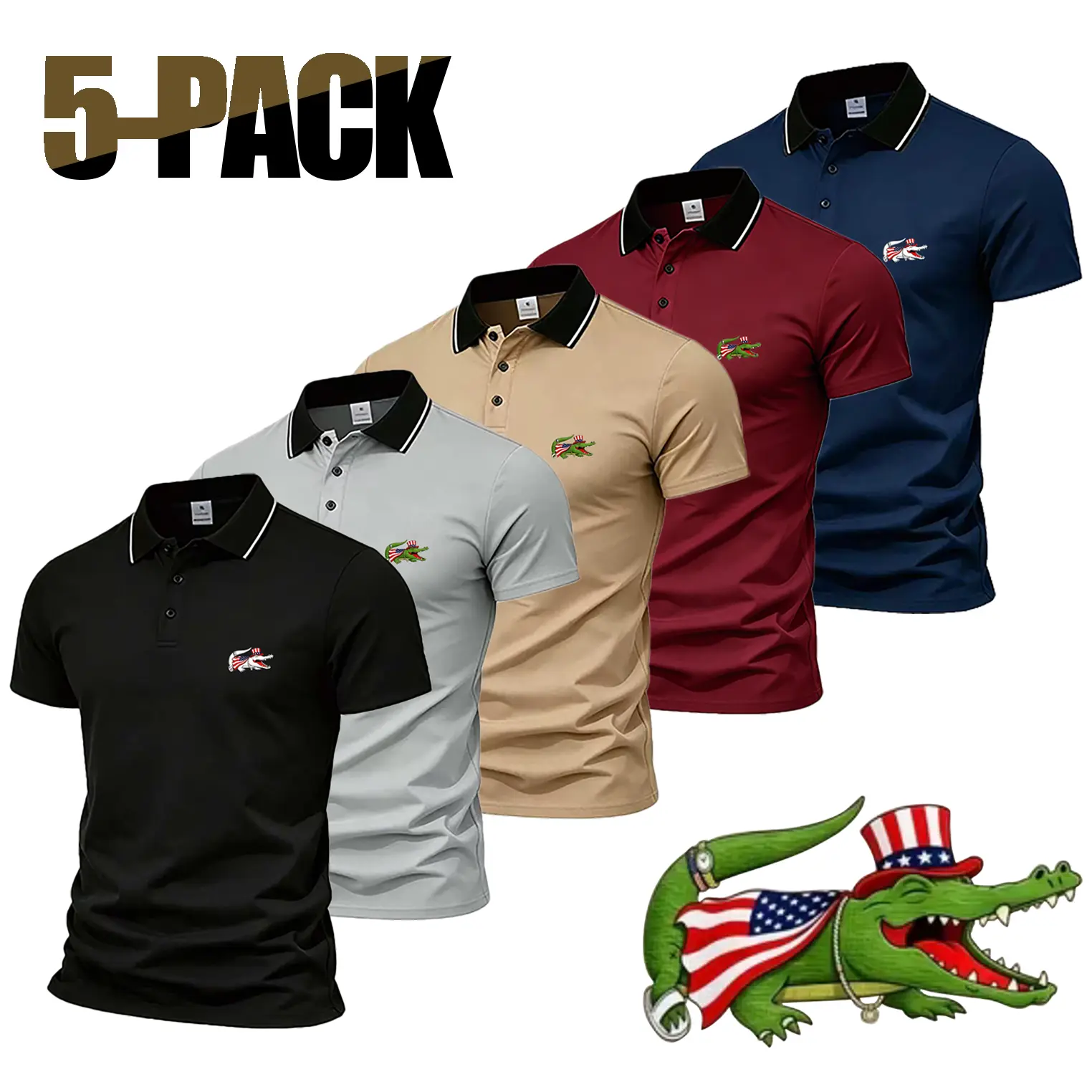 Male Breathable Sports Shirt - Men's Classic Collared Short-Sleeve Polo with American Flag Cartoon Crocodile Graphic Print, Slim-Fit Sporty Chic Smart Casual Top for Daily & Outdoor Activities