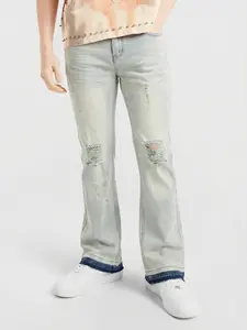 Men's Vintage Stone Washed Flared Jeans, Elastic Fitting, Ripped Design, Contrast Color Cuff, Y2K Street Style Streetwear Pants, Suitable for Daily and Party Outfits