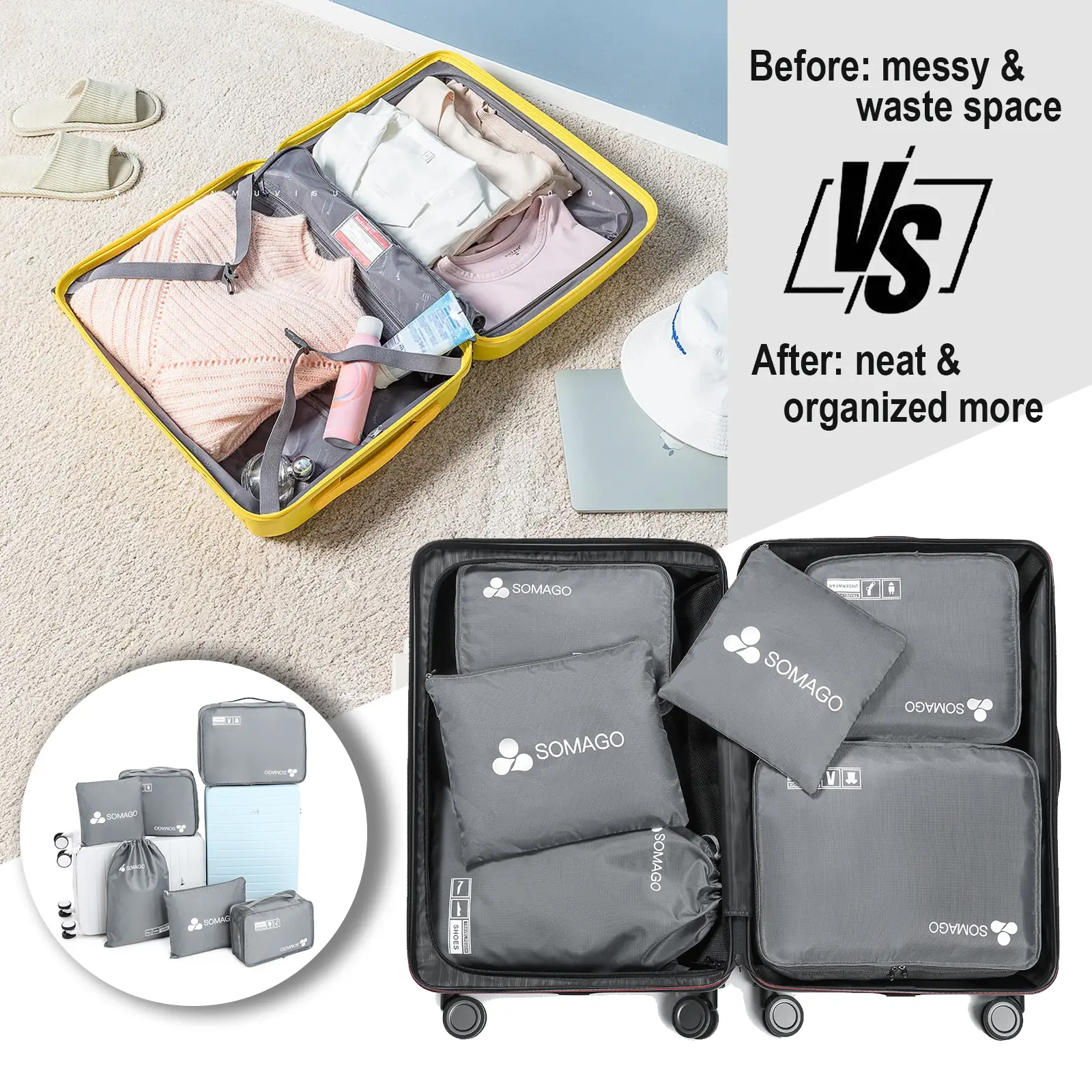 6Pcs Travel Storage Bags, Luggage Organizer Set with Mesh Window, Packing Cubes for Suitcase, Travel Accessories for Carry-On, Lightweight Polyester