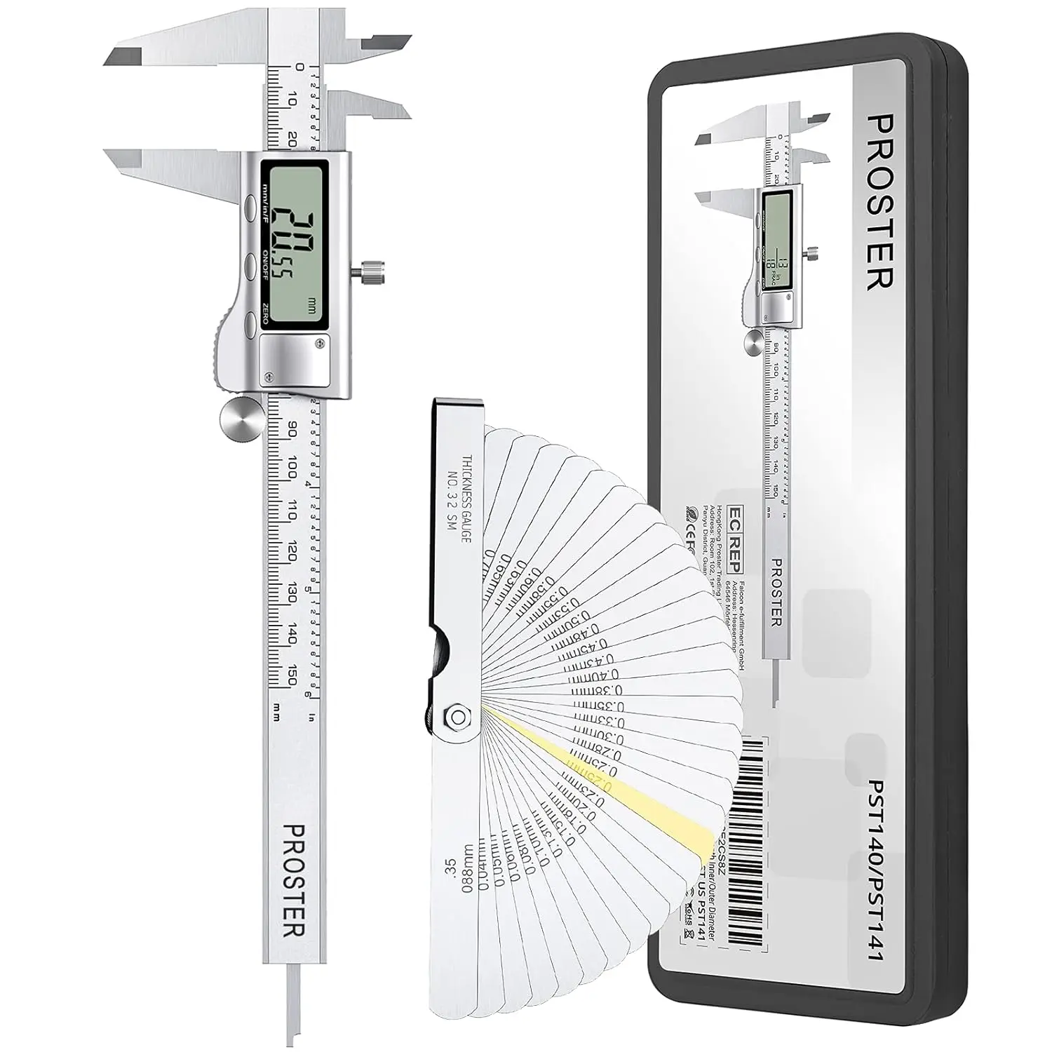 Proster Digital Display Hardened Stainless Steel Vernier Caliper, 6in/150mm + 32 Feeler Gauges, Precision Measurement Tool for Length, Width, Depth, Inner & Outer Diameter (Fraction/Inch/Metric)