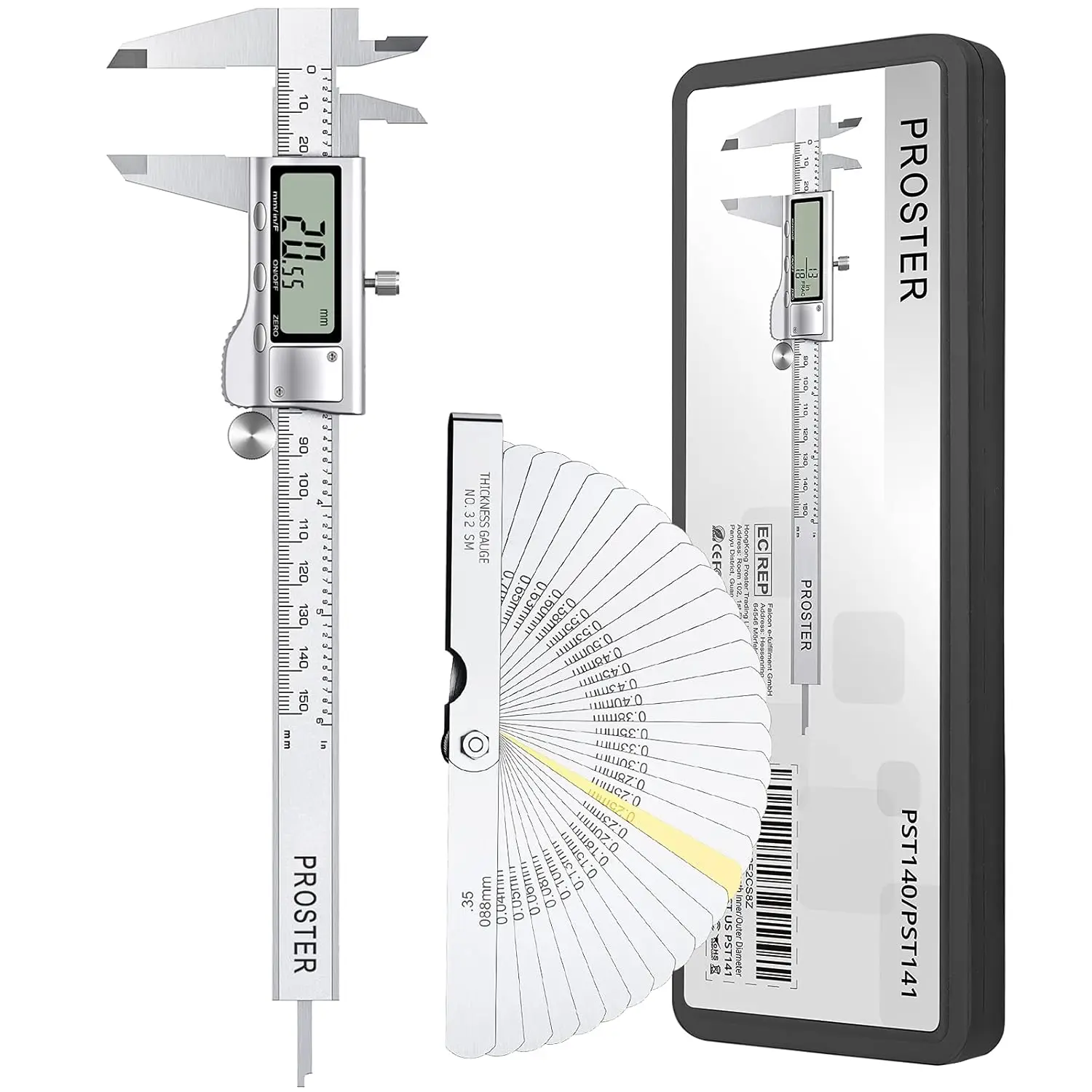 Proster Digital Vernier Caliper 6inch/150mm + 32 Feeler Gauges Dial Caliper Caliper Fraction/Inch/Metric Electronic Caliper Measuring Tool for Length