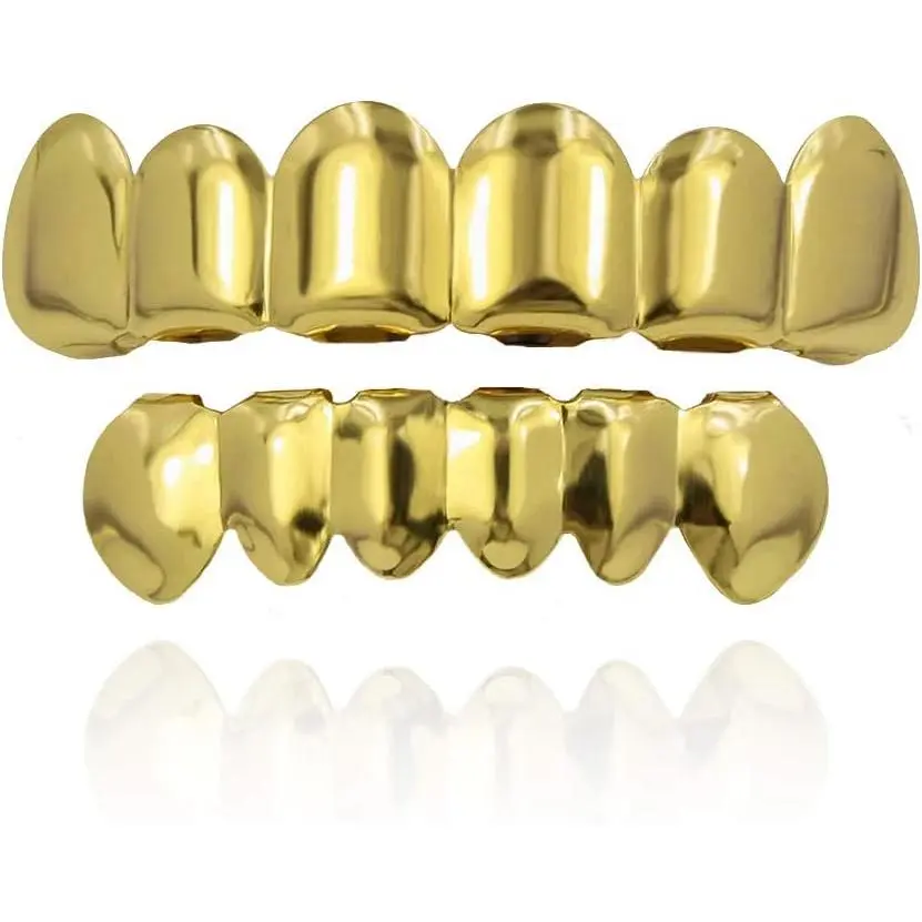 TOPGRILLZ Grills for Your Teeth Gold Grillz 18K Gold Plated Rapper Costume Grillz Teeth for Men and Women Hip Hop Polished 6 teeth Extra Silicon Molding Bars