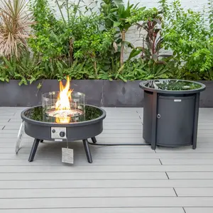 360 Stand Walbrooke Round Outdoor Fire Pit - 20x29x29 in, Multi-Spark, Modern Black Aluminum, Tank Holder, Home & Garden Patio Heater Accessory