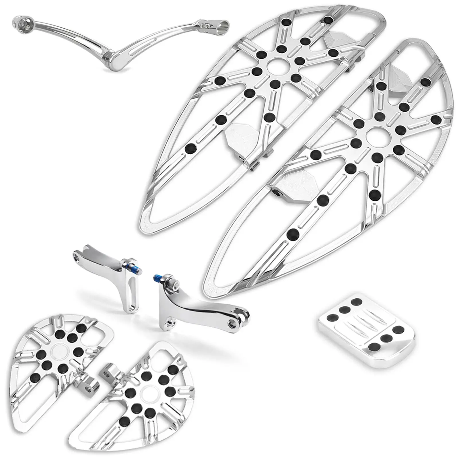 Gauge Style Floorboard Kit w/ Shifter & Brake Pedal Chrome Aluminum for Harley Touring 1980-Up, 1 Pair Front Floorboards, 1 Piece Brake Pedal