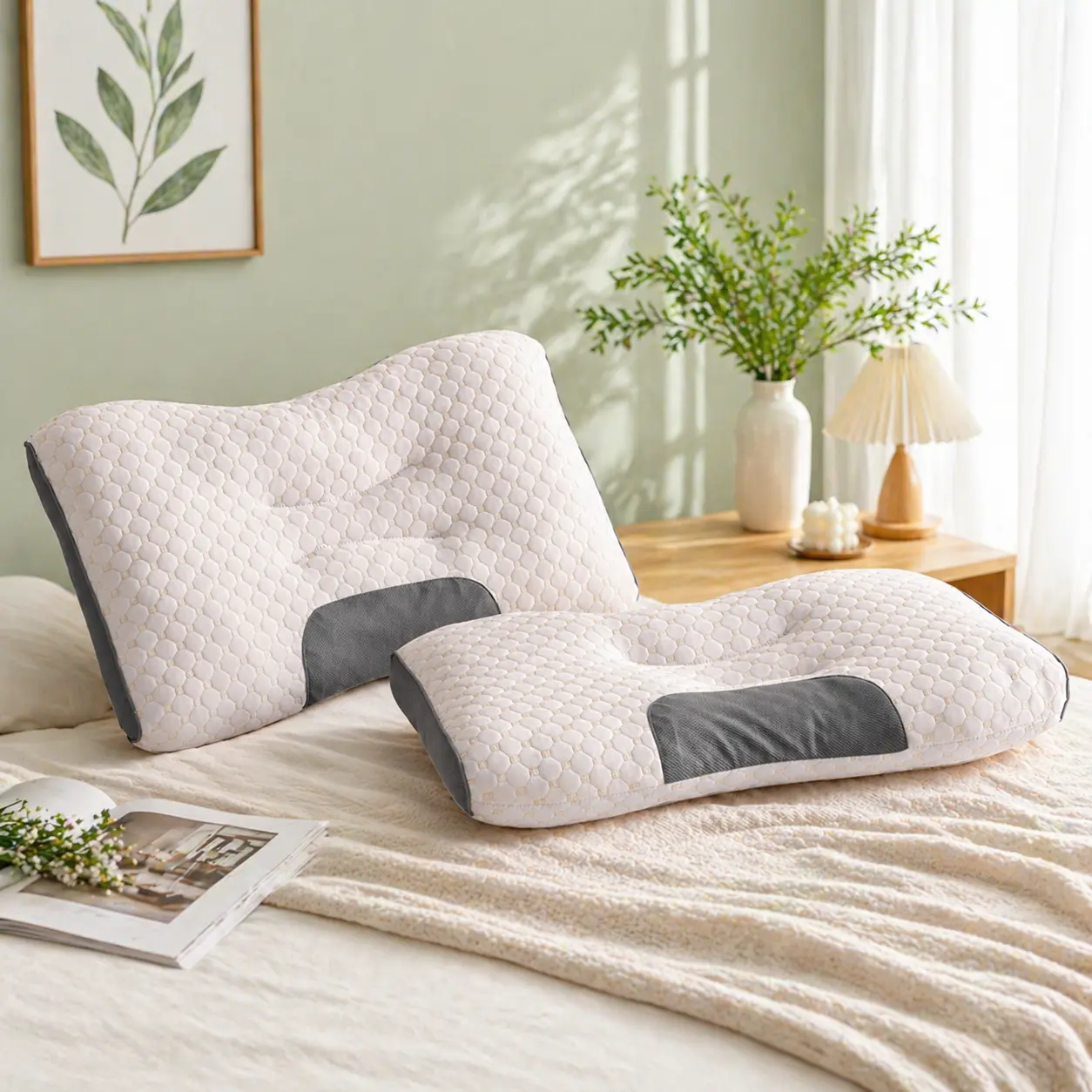 HTA wedge pillow-3D Ergonomic Neck and Shoulder Contour Pillow for Side, Back & Stomach Sleepers, Cervical Neck Support Pillow, Neck & Shoulder Support Bed Pillow (No Pillowcase)