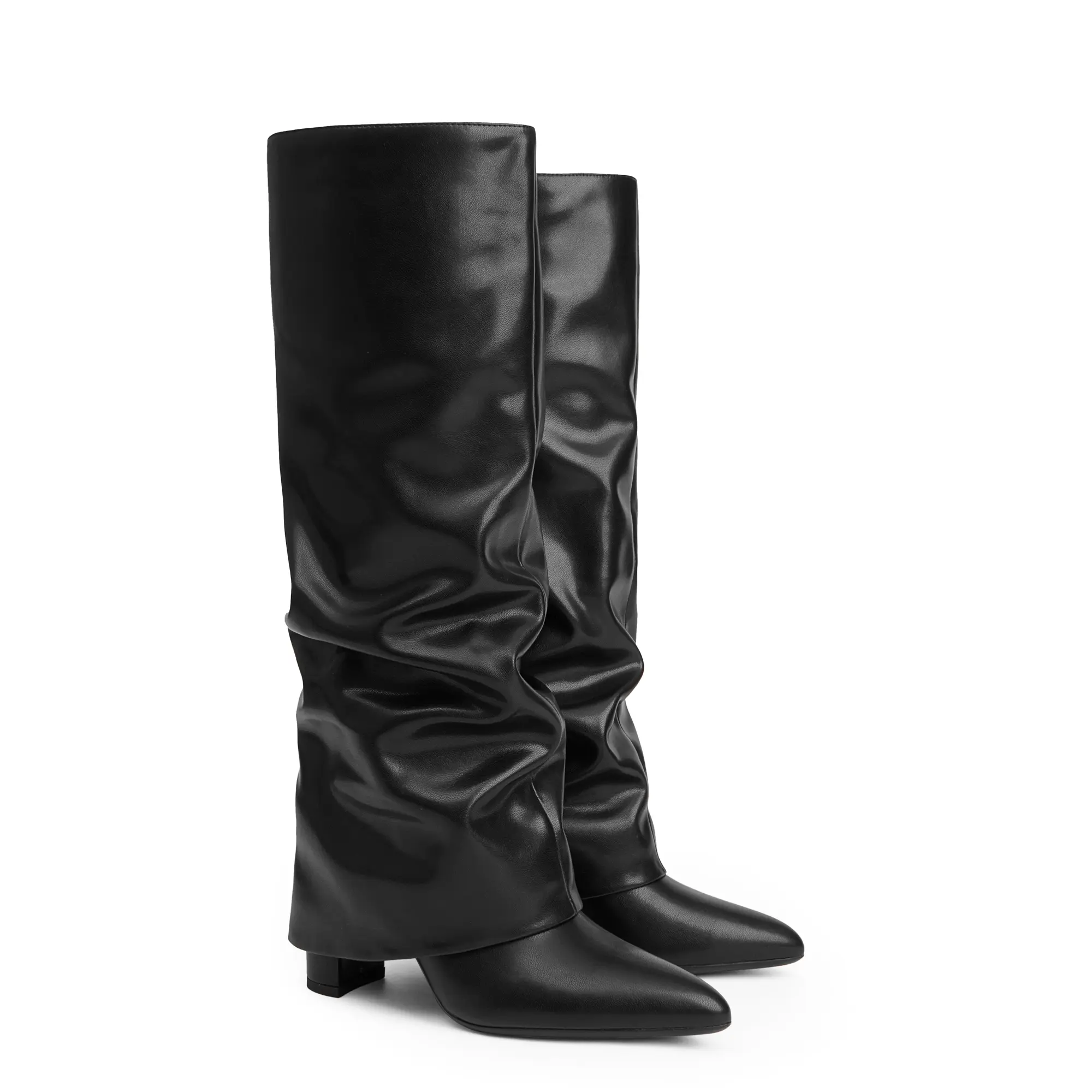 [Modatope]Knee High Boots Women Fold Over Knee High Boots Chunky High Heels Long Boots Zipper Pointed Toe Dress Tall Boots for Women