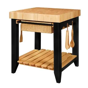 HomeStock Kitchen Island, Farmhouse Fresh Square Kitchen Island with Butcher Block Top Black Natural 4 Utensil Hooks and Adjustable Glides, compact furniture for apartments and small kitchens