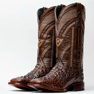 Brown Caiman Neck Leather Boots - Square Toe