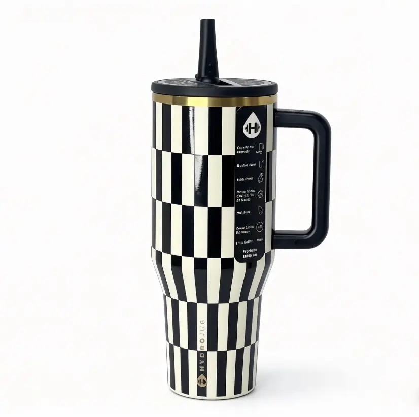 HydroJug 40oz Black White Checkered Insulated Tumbler with Handle and Straw Black gold vertical Striped Tumbler Water Bottle  large capacity car cup, 100% Leakproof Insulated Tumbler   | Cup Holder Friendly Base | Insulated Thermal Tumbler,