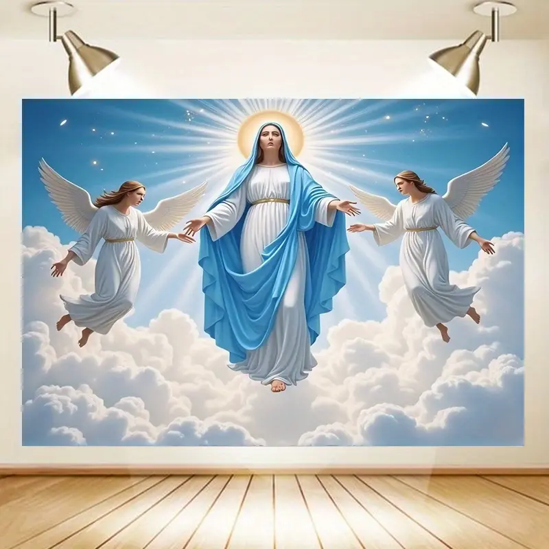 Polyester Photography Backdrop - 1pc 2D Flat Assumption of the Holy Virgin Mary Design with Angelic Figures, Clouds, Fruit, Ideal for Indoor Parties, Studio Backgrounds, Religious Wall Art Ornaments
