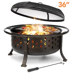 36 inch Fire Pit for Outside Wood Burning Fire Pit Large Deep Fire Bowl for Camping Picnic Bonfire Patio Outside Backyard Garden Bonfire Pit with Cooking Grill Grate Spark Screen Log Grate