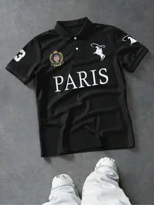Men's Short Sleeve Polo Shirt, Paris Badge Horse Graphic Print, Street Style Casual Fashion, Outdoor Sports Campus Youth