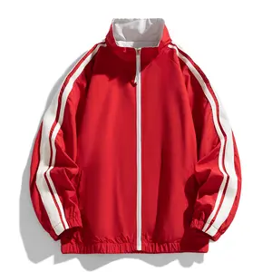 Men's Red Athletic Jacket with White Stripes Performance Zip-Up Sports Coat for Performance Wear