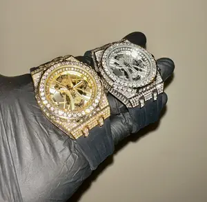 Gold/White Gold 43mm Skeleton Dial Rubber Band Iced-Out Diamond Luxury Watch