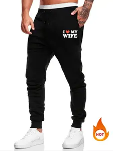Men's Letter Print Drawstring Waist Thermal Lined Sweatpants, Casual Comfy Regular Fit Pocket Jogger Pants for Fall & Winter, Men's Trousers for Daily Wear