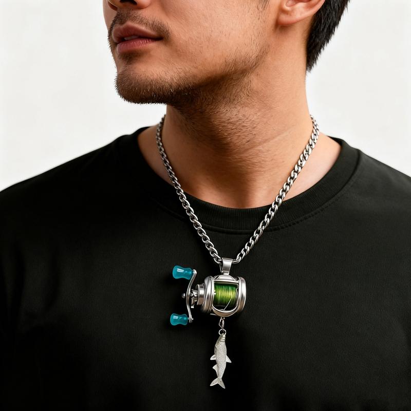Fishing Reel Necklace, Rotating Handle Swirling Pendant Keychain, Backpack Charm, Keychain for Fishermen