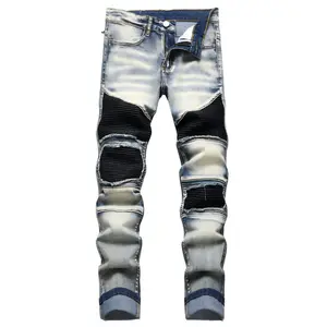 XIMXIMMTIAN Men Slim Fit Jeans Fashion Biker Jeans for Men Stretch Designer Distressed Straight Denim Pants Beige Menswear Trouser Streetwear Motocross  Human Operator jeans for rock revival true religion flaps jeans men plain street vlone scab jeans