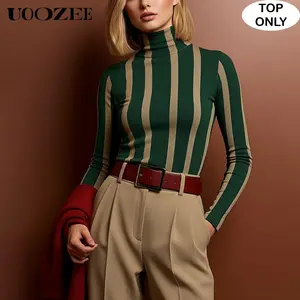 UOOZEE Women's New Spring Autumn Skinny High Neck Turtleneck Striped Top(Only), Dark Green&Beige Slim Fit Long Sleeve Retro Ribbed Texture Casual Office Layering Blouse(Sizing Runs Small - Check Size Guide or Order Larger) SpringStatements