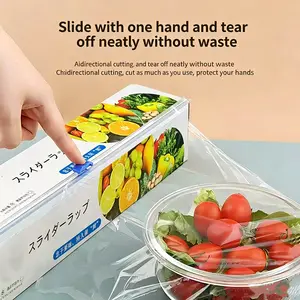 Cling film with sliding cutter, free plastic food wrap, easy-to-use one-handed dispenser, tear-resistant transparent stretch film, suitable for kitchen food storage, microwave safe