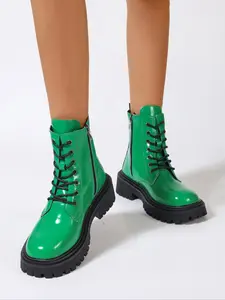 Women's Combat Boots with Laces, Stylish Preppy Letter Decor, Trendy Daily Wear Shoes, Fashionable College Style Footwear, Rubber, Casual Boots