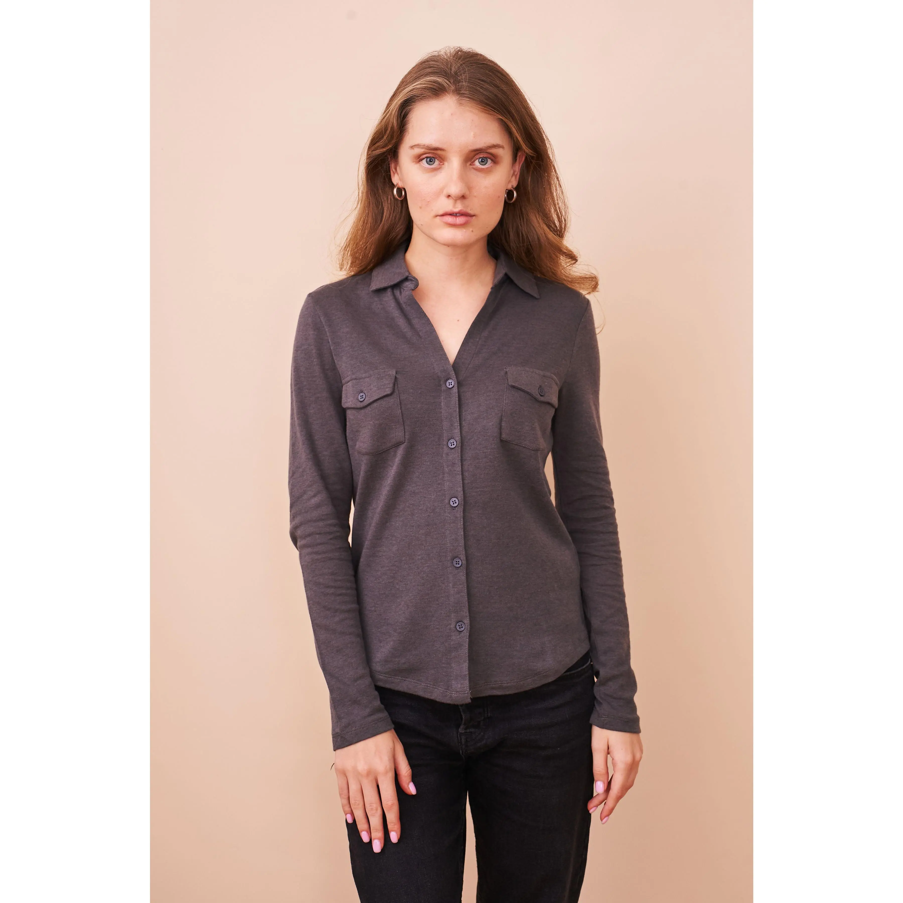 Cotton Cashmere Double Face Long Sleeve Pocket Shirt in Crepuscule
