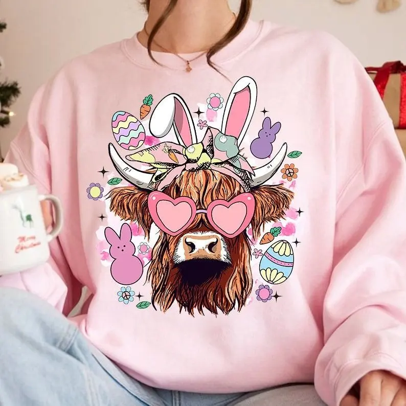 Easter Day Highland Cow, Retro Easter, Easter Bunny, Clover, Shamrock, Happy Easter Sublimation,