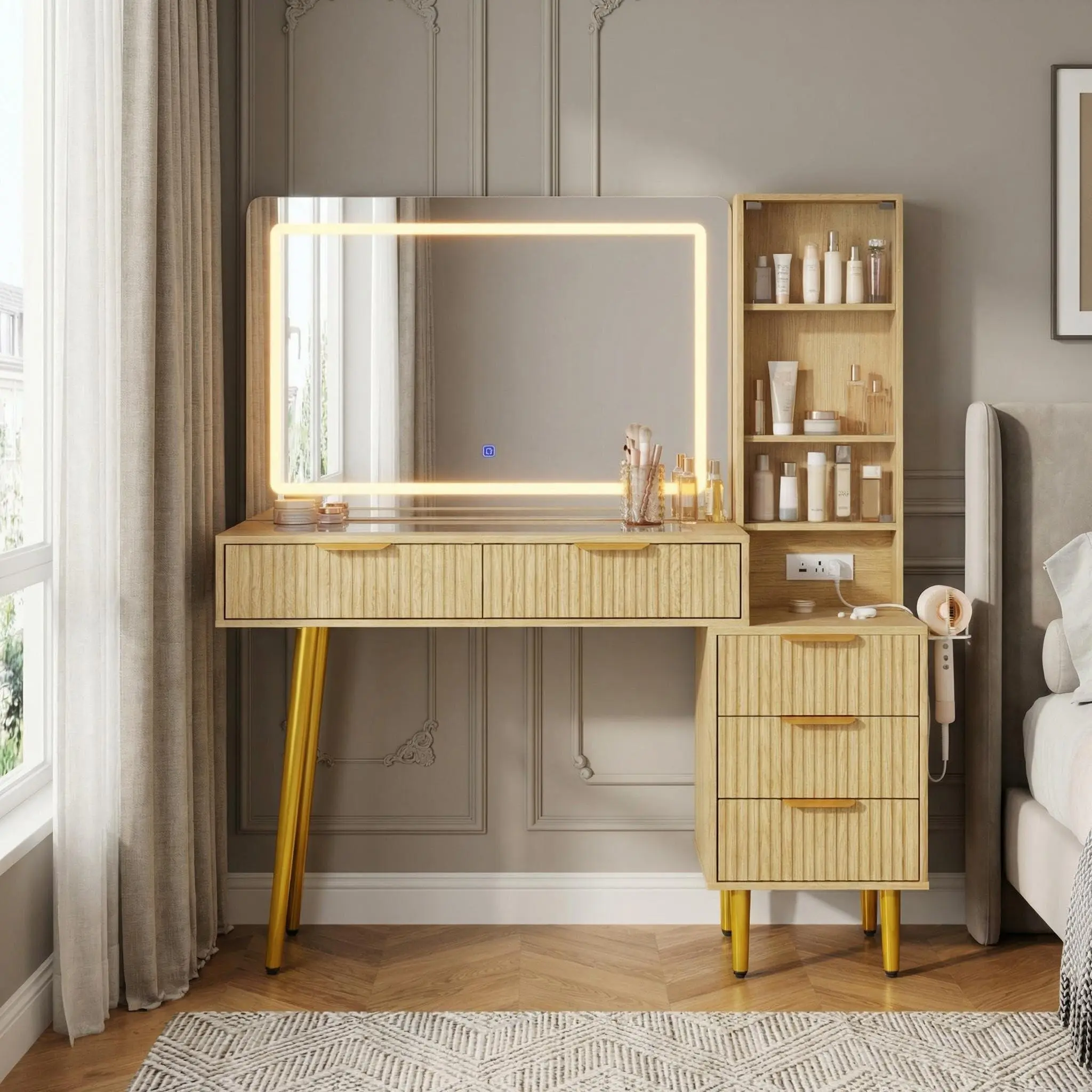 Oak Wood Fluted Rectangular Vanity Desk - 48" Glass Top, 36" LED Mirror, 5 Drawers, 3-Tier Shelves, Power Outlets - Makeup Vanity Dressing Table for Bedroom
