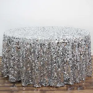 120" Sparkly Sequin Round Tablecloth - Silver | Wedding, Banquet, Party Decor
