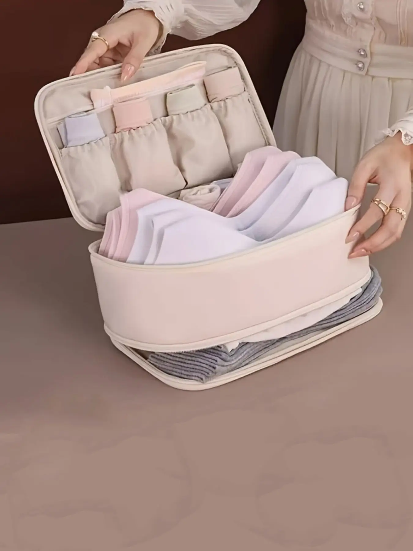 Portable Luggage Organizer Bag, Dual Layer Bra & Underwear Storage Pouch, Multi-Compartment Zippered with Elastic Waistband, Durable Polyester Travel Essentials for Trip
