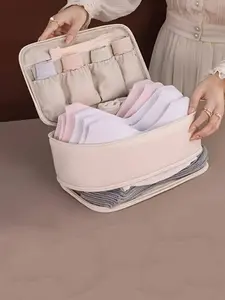 Portable Luggage Organizer Bag, Travel Organizer, Travel Organization Pouch, Dual Layer Bra & Underwear Storage, Multi-Compartment Zippered, Elastic Waistband, Durable Polyester, /