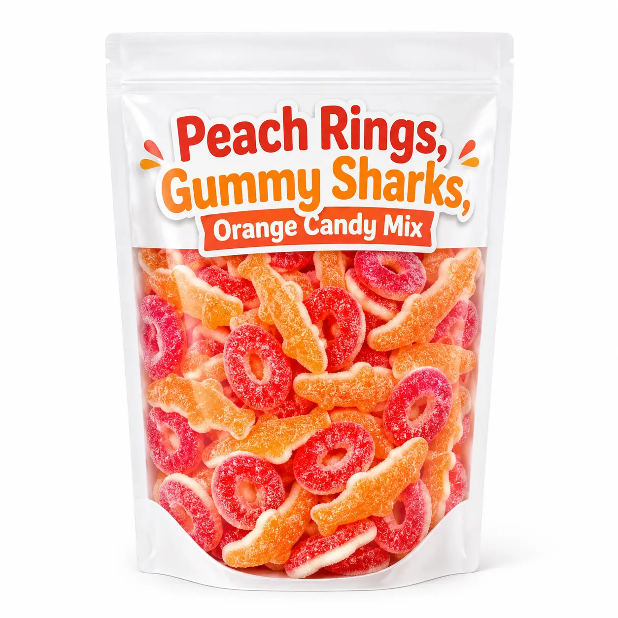 Sweet & Sour Soft Fruit Chewy Candy Mix - Peach Rings, Gummy Sharks, Orange Candy, 2 Lb Bag | Snack for Goodie Bags