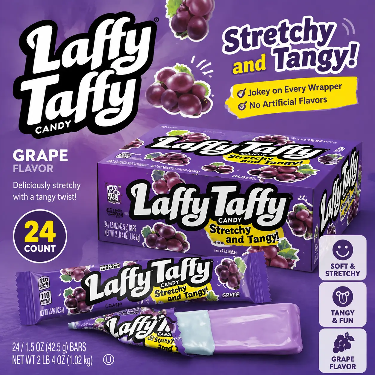 Laffy Taffy Grape Candy Bars 1.5 oz 24 Count  Stretchy & Tangy Grape Taffy | Individually Wrapped Chewy Candy Treats