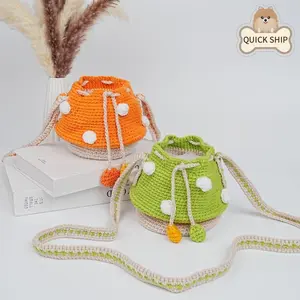 Green Orange Crochet Mushroom Crossbody Bag, Handmade Knitted Mushroom Totes, Finished Product, Winter/Kids Gifts