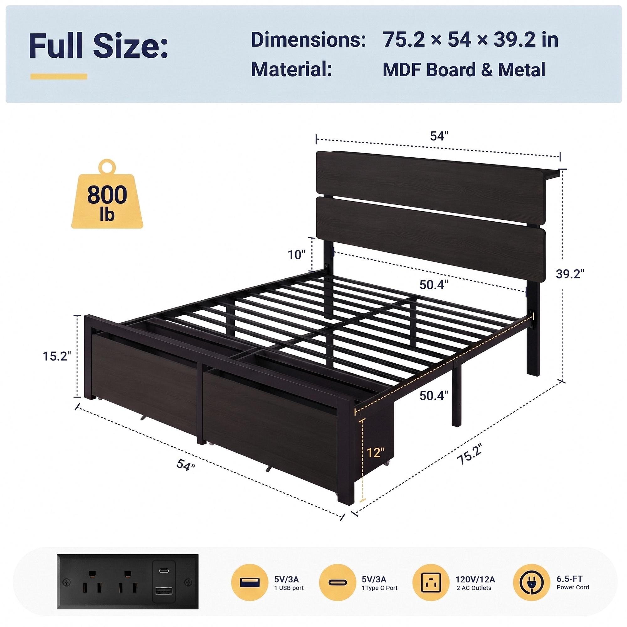 MUTICOR LED Bed Frame with 2 Fabric Storage Drawers, Charging Station & MDF Storage Headboard, Steel Slat Platform Bed with Underbed Storage, No Box Spring Needed