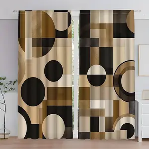 Set of 2, Modern Geometric Curtains with Rod Pockets - Black, Gold, Beige Abstract Design for Home Decor - Polyester Translucent, Window Drapes, Home Decoration Curtain